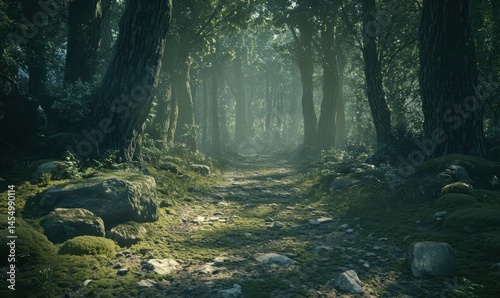 Obraz na płótnie Forest path covered in soft moss and surrounded by towering ancient trees, mysterious light filtering through the dense canopy, w salonie