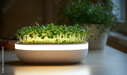 Obraz na płótnie Fresh microgreens growing in planter, illuminated by a grow light w salonie