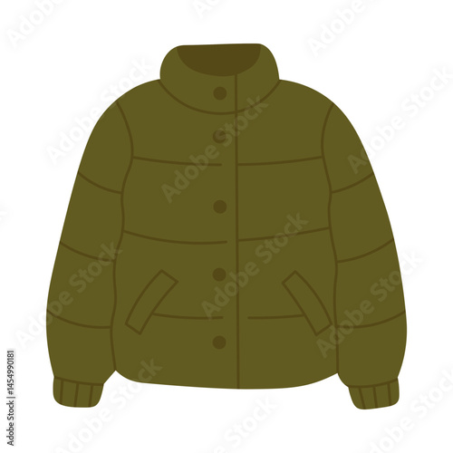 Cartoon flat green puffer jacket with buttons and pockets. Cozy outerwear for cold autumn days.