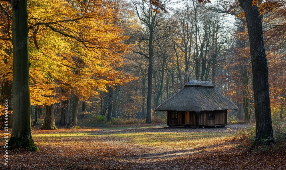 Peaceful forest clearing surrounded by trees and a small thatched roof cottage in the center, tranquil, woodland, garden