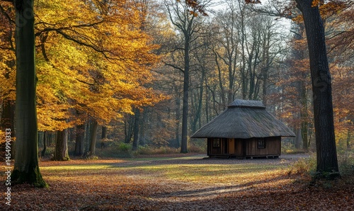 Obraz na płótnie Peaceful forest clearing surrounded by trees and a small thatched roof cottage in the center, tranquil, woodland, garden w salonie