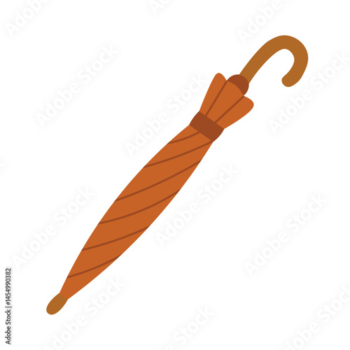 Cartoon flat illustration of folded orange umbrella with curved handle. Cozy item for autumn season.