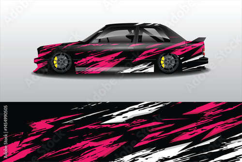 Stylish car wrap design with dynamic pink and black patterns