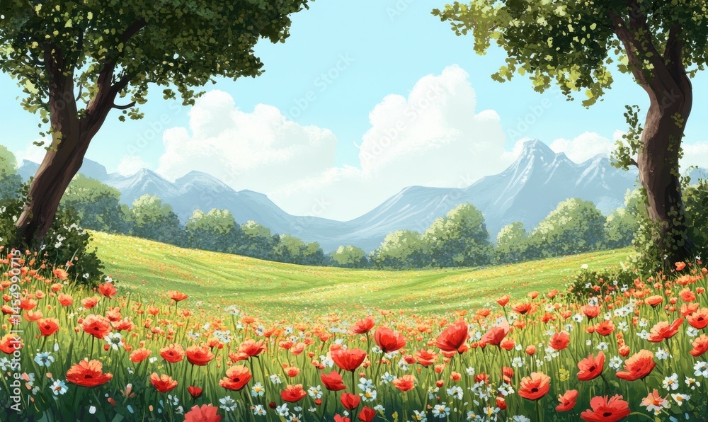 spring landscape panorama with flowering flowers on meadow