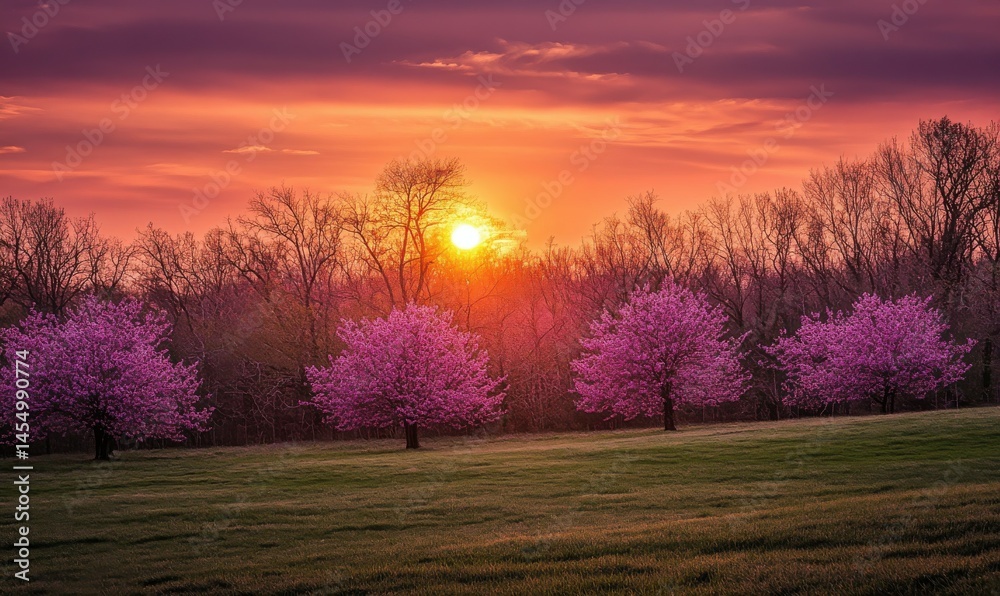 spring sunset behind blooming redbud trees