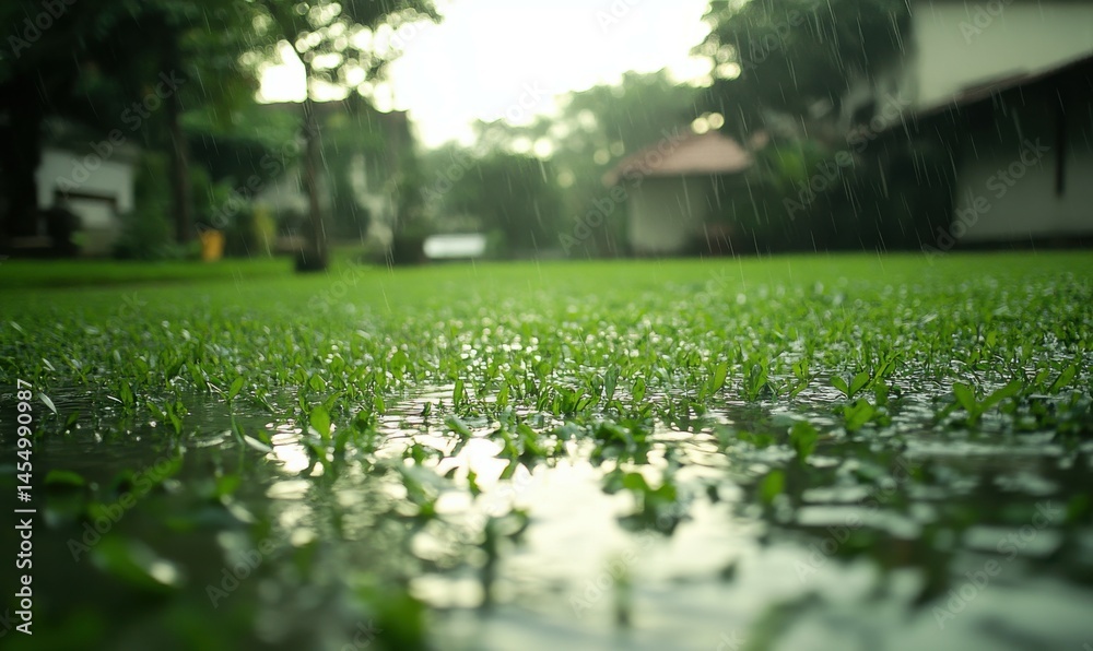 Suburban area with green lawns partially underwater from rain