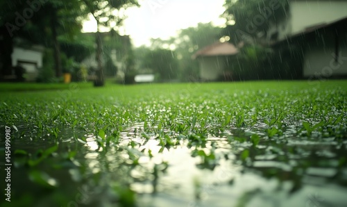 Obraz na płótnie Suburban area with green lawns partially underwater from rain w salonie