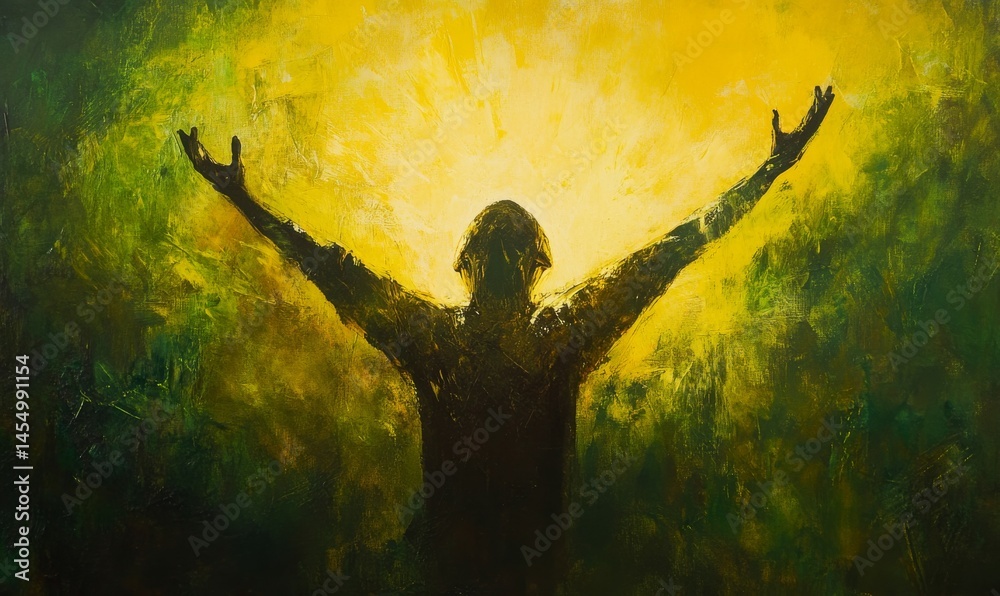 symbolic figure lifting arms in triumph, glowing with radiant light, evokes sense of victory and joy. ethereal presence captures essence of celebration and achievement