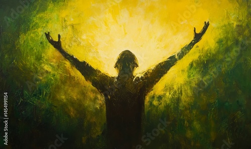 Obraz na płótnie symbolic figure lifting arms in triumph, glowing with radiant light, evokes sense of victory and joy. ethereal presence captures essence of celebration and achievement w salonie