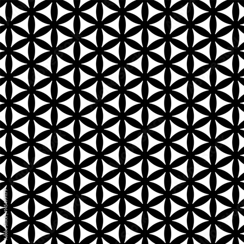 Flower of Life pattern made of many circles and other shapes. Made in black