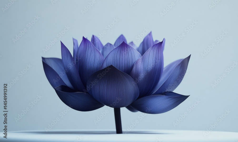 The majestic purple lotus flower stands tall on a smooth white surface showcasing its regal beauty and dramatic presence, botanical photography, , standing flower, dramatic lighting