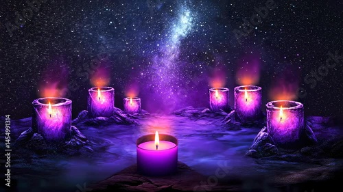 mystical scene with glowing cauldrons under a cosmic sky