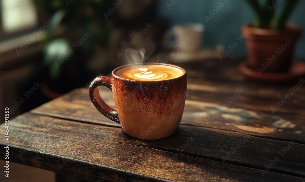Close-up of a steaming cup of espresso placed on a rustic wooden table, soft warm light enhancing the rich textures and dark tones, high detail,