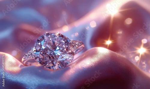 Close-up of a sparkling engagement ring resting on a soft velvet surface, bright natural light enhancing the diamond's brilliance, romantic and luxurious theme