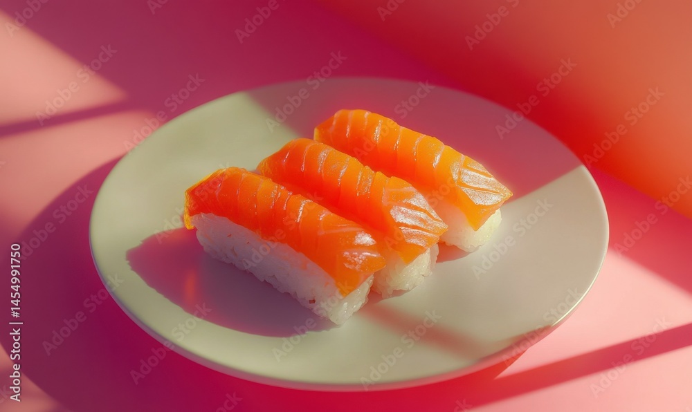 Close-up of fresh sushi on a minimalist plate, vibrant orange and pink tones creating an elegant culinary presentation, .