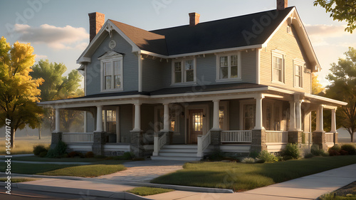 Charming American Victorian House at Sunset