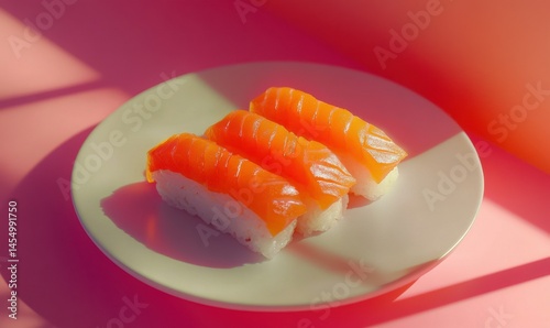 Obraz na płótnie Close-up of fresh sushi on a minimalist plate, vibrant orange and pink tones creating an elegant culinary presentation, . w salonie