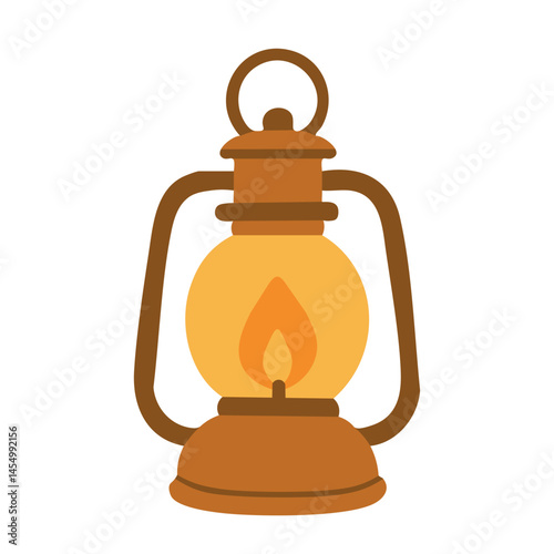 Cartoon flat illustration of vintage lantern with glowing flame. Cozy seasonal decoration for autumn mood.