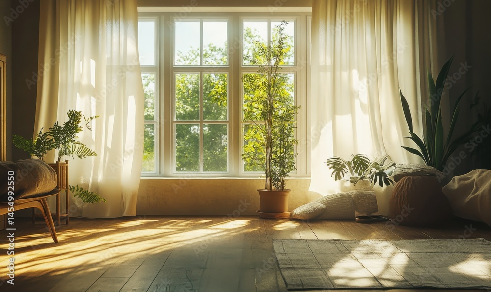 Bright room with large window, plants, sunlight, and cozy atmosphere.
