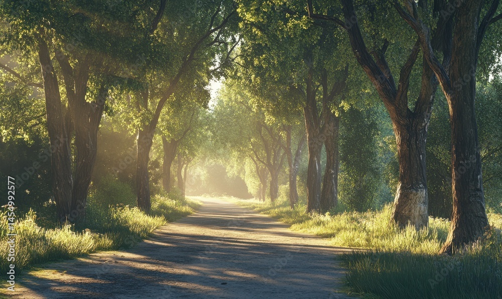 Idyllic countryside road lined with tall trees, sunlight streaming through the canopy, creating dappled patterns on the ground, peaceful and inviting, .