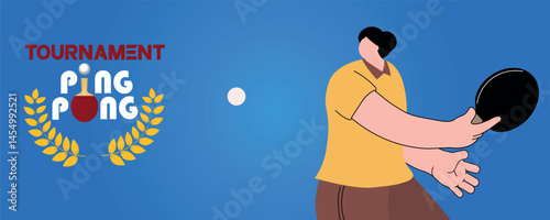 Woman playing ping pong, professional competition, winner laurel wreath. Vector design poster sport club, hobby table tennis, beginners tournament