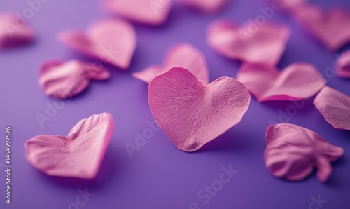 Obraz na płótnie Heart-shaped petals scattered on a bright purple surface, vibrant romantic tones creating a cheerful minimalistic vibe, clean detailed composition, w salonie