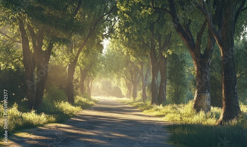 Obraz na płótnie Idyllic countryside road lined with tall trees, sunlight streaming through the canopy, creating dappled patterns on the ground, peaceful and inviting, . w salonie