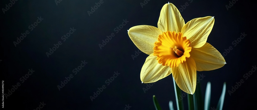 Fototapeta premium Daffodil bloom stands boldly against dark background, showcasing vibrant yellow petals, exemplifying natural beauty.