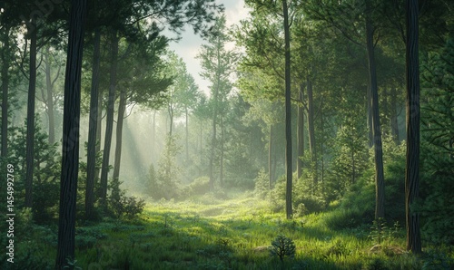 Lush green forest shrouded in morning mist, tall pine trees creating a serene tranquil atmosphere, vibrant natural tones with soft light, clean sharp details,