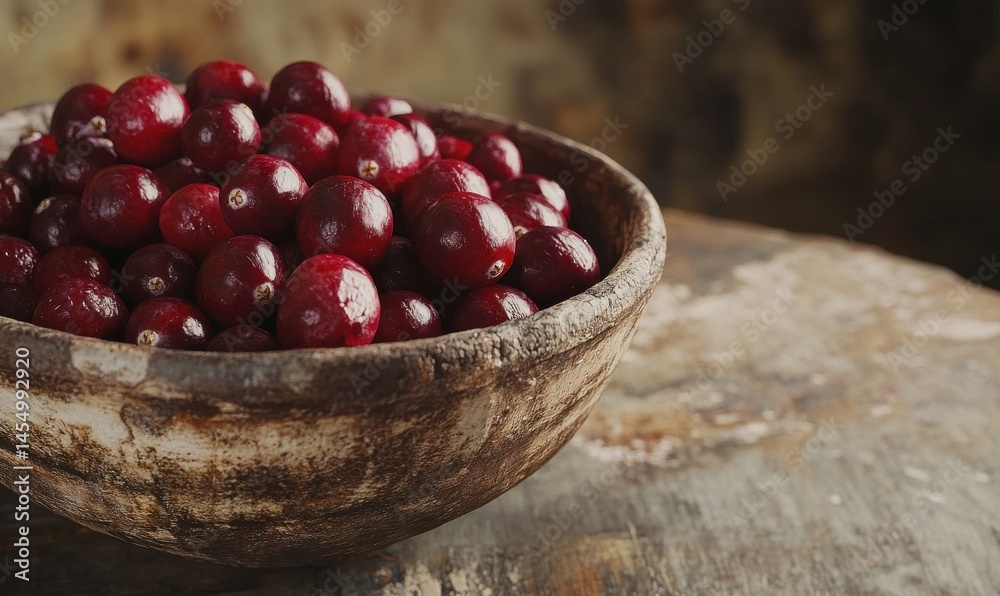 Macro shot of fresh cranberries placed in a rustic ceramic bowl, soft natural light highlighting the vibrant red tones, high detail,