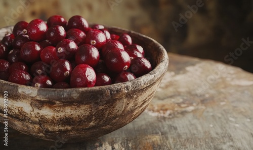 Obraz na płótnie Macro shot of fresh cranberries placed in a rustic ceramic bowl, soft natural light highlighting the vibrant red tones, high detail, w salonie