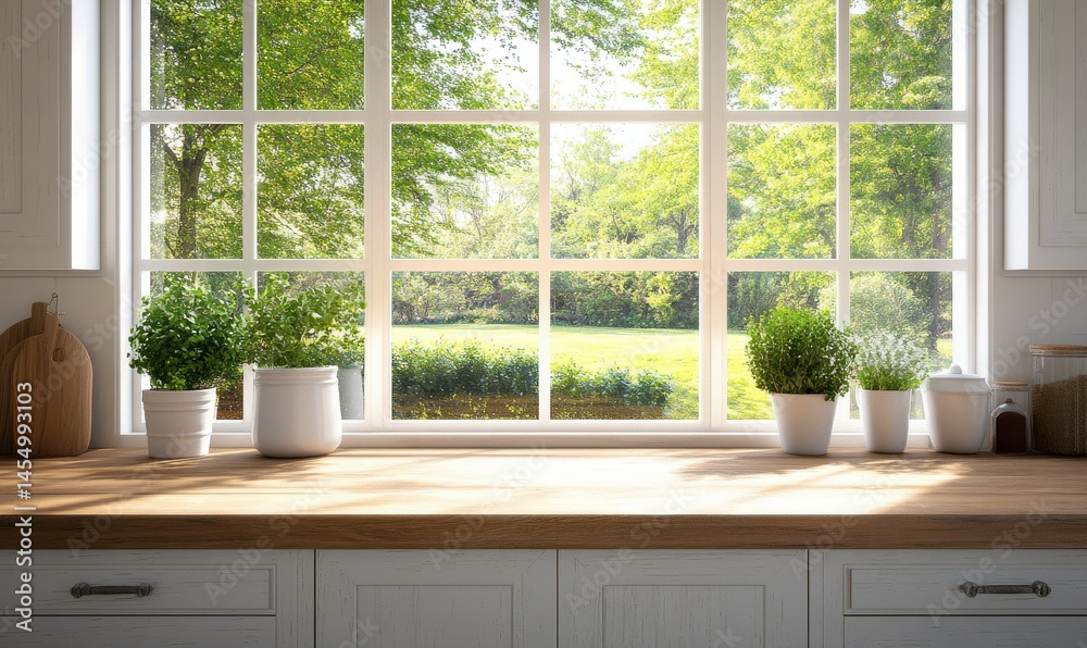 Sunny kitchen window view with potted plants, trees outside.