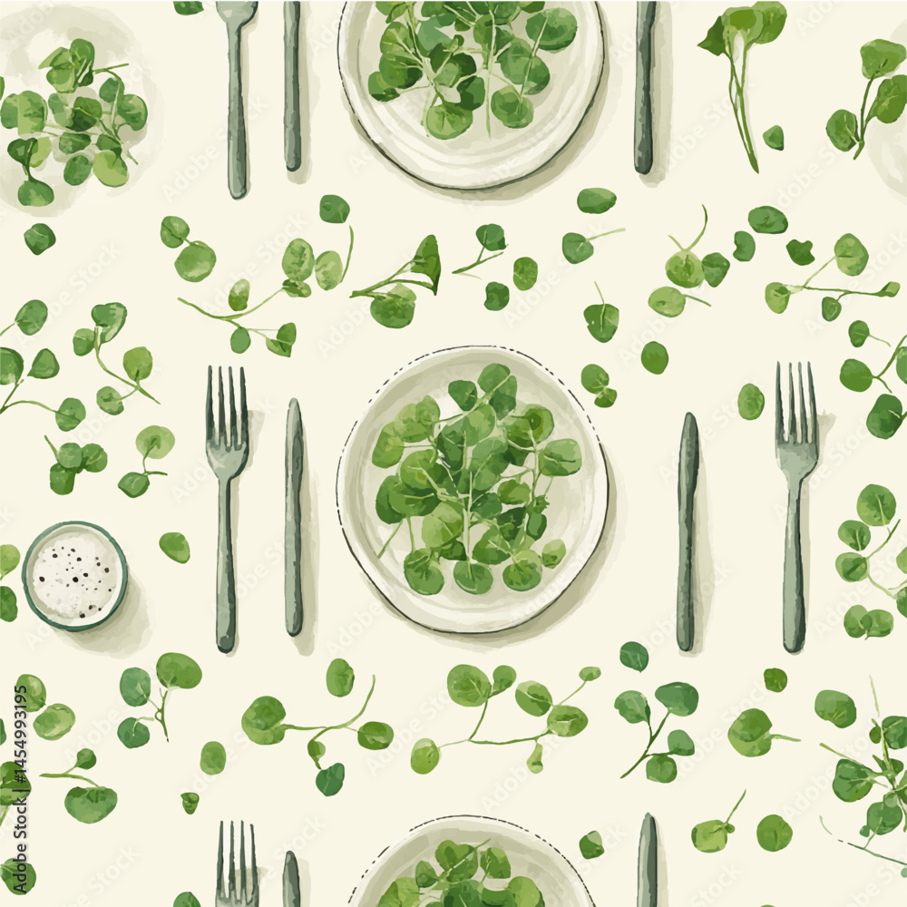 Nature seamless pattern microgreens, plates and cutleryon white background