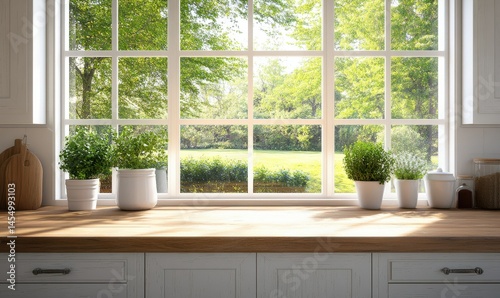 Obraz na płótnie Sunny kitchen window view with potted plants, trees outside. w salonie
