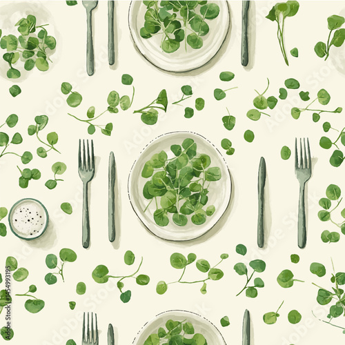 Nature seamless pattern microgreens, plates and cutleryon white background