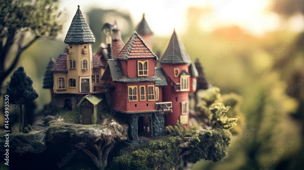 Obraz premium Fairytale miniature house on a grassy tree landscape
