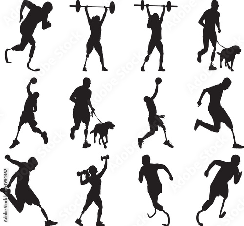 Amputee Athletes: Diverse Silhouettes of People with Prosthetics Engaging in Various Sports and Fitness Activities