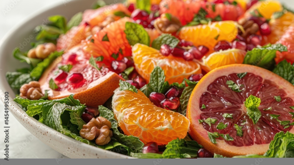 Vibrant citrus and pomegranate salad with fresh mint and walnuts. Vibrant citrus and pomegranate salad with fresh mint and walnuts.