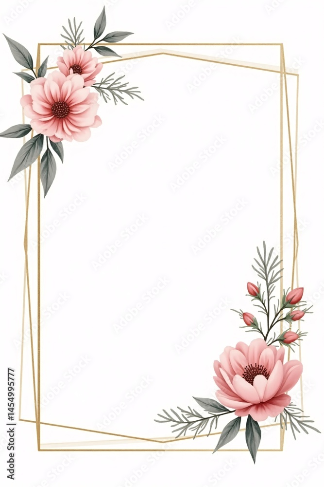 Obraz premium Elegant Floral Frame Design Pink Flowers and Gold Geometric Border