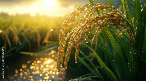 Golden rice stalks glistening with morning dew