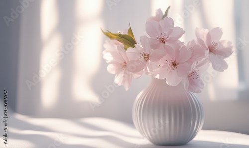 Pink flowers in vase with soft sunlight through window.