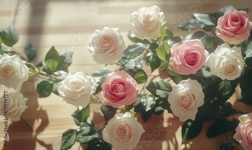 Elegant floral flat lay with soft pink and white roses arranged on a wooden surface, bright natural light creating a romantic and fresh atmosphere,