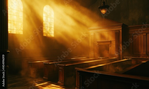 Empty courtroom glowing in warm golden light, high-detail wooden textures, deep shadows creating depth, law and justice theme,