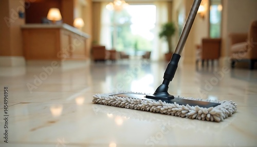 Wallpaper Mural large lobby with a shiny marble floor and a closeup of a mop cleaning the floor, with a reception desk and other furniture visible in the background created with generative ai Torontodigital.ca