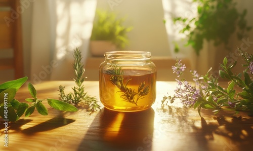Glass jar of honey placed on a wooden table surrounded by fresh herbs, soft morning light casting gentle shadows, clean rustic atmosphere with vibrant tones,