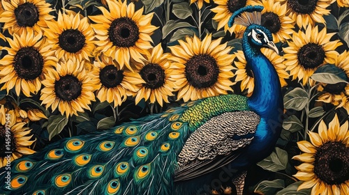 A vibrant peacock surrounded by a profusion of sunflowers.