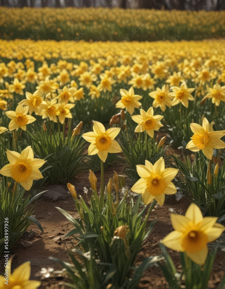 Fototapeta premium Golden daffodil petals glistening, a breathtaking field in full bloom , field, vibrant, botany