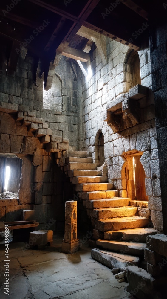 Obraz premium Stone stairway ascends in an old medieval interior illuminated by bright light through openings in castle walls and ceiling