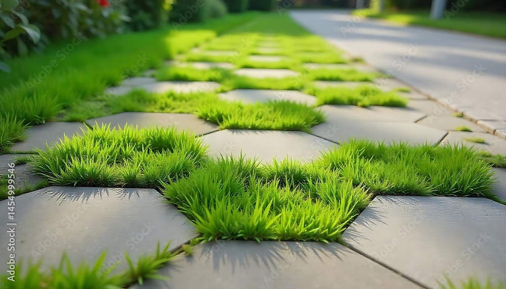 Fototapeta premium Permeable concrete pavers with green grass growing between honeycomb-shaped tiles created with generative ai