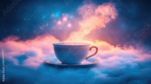 Mystical teacup in a dreamlike, starry sky